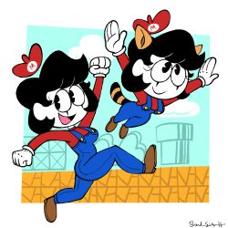 Rule 34 | 1girl, animal ears, artist name, black eyes, black hair, colored skin, cosplay, highres, imrachets, looking to the side, mario, mario (cosplay), mario (series), mario day, mime, mute, mute the mime (imrachets), nintendo, original, pac-man eyes, raccoon ears, raccoon girl, raccoon mario, raccoon tail, signature, solo, tail, toon (style), white skin
