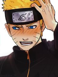 Rule 34 | 1boy, artist name, black jacket, blonde hair, blush, facial mark, forehead protector, hand up, highres, jacket, konohagakure symbol, naruto (series), naruto shippuuden, notane n, open mouth, short hair, simple background, solo, spiked hair, teeth, uzumaki naruto, whisker markings, white background