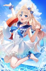 Rule 34 | 1girl, :d, absurdres, ahoge, animal ear fluff, animal ears, arm up, barefoot, blonde hair, blue bow, blue eyes, blue hair, blue sailor collar, blue sky, blunt bangs, bow, cat ears, claw pose, cloud, commentary, day, dress, dvdarts, fangs, fins, fish girl, fish tail, frilled dress, frilled shirt collar, frills, full body, hair bow, hand up, highres, holding, holding swim ring, indie virtual youtuber, innertube, jumping, lifebuoy hair ornament, long hair, looking at viewer, low twintails, multicolored hair, ocean, one side up, open mouth, outdoors, outstretched arm, sailor collar, sameko saba, scrunchie, short dress, sky, sleeveless, sleeveless dress, smile, solo, streaked hair, swim ring, tail, teeth, toes, twintails, upper teeth only, very long hair, virtual youtuber, white dress, wrist scrunchie
