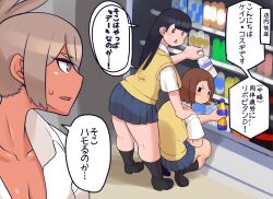 1girl absurdres black_eyes black_hair blunt_bangs bottle breasts brown_hair cleavage convenience_store forehead freckles from_behind grey_hair hand_on_another&#039;s_shoulder highres holding holding_bottle jitome jk_mob-chan_(minami_aomori) kneeling long_hair looking_back minami_aomori mob_face no_mouth original ponytail shop short_hair standing talking thighs translation_request