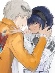Rule 34 | 2boys, belt, belt buckle, blue hair, buckle, closed mouth, coat, collared coat, couple, dark blue hair, eye contact, frilled sleeves, frills, grey eyes, hairband, heterochromia, highres, horns, long sleeves, looking at another, male focus, metal hairband, metaphor: refantazio, multiple boys, open mouth, patterned clothing, protagonist (metaphor: refantazio), samerkgk, short hair, simple background, smile, strohl (metaphor: refantazio), teeth, upper body, white background, white coat, white hair, yaoi, yellow coat