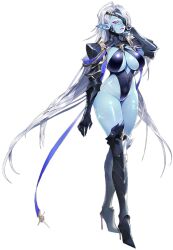 1girl armor armored_boots ass bare_legs beelzebub_(taimanin_series) black_leotard blue_skin boots breasts cleavage colored_skin curvy demon_girl expressionless eyepatch full_body grey_hair hand_in_own_hair highleg highleg_leotard highres kwata_kuwa large_breasts leotard lilith-soft long_hair looking_afar looking_ahead navel official_art parted_lips pointy_ears red_eyes revealing_clothes shiny_skin solo taimanin_(series) taimanin_rpgx taimanin_suit thong_leotard very_long_hair wide_hips