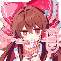 Rule 34 | 1girl, :o, bare shoulders, blush, border, bow, brown hair, collared shirt, commentary request, crepe, detached sleeves, food, frilled bow, frilled hair tubes, frills, hair between eyes, hair bow, hair tubes, hakurei reimu, highres, holding, holding food, long hair, looking at viewer, open mouth, outside border, portrait, red bow, red eyes, red shirt, shirocha tei, shirt, sidelocks, sleeveless, sleeveless shirt, solo, sweatdrop, touhou, twitter username, watermark, white border, white sleeves