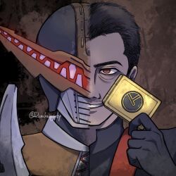 Rule 34 | 1boy, armor, black gloves, black hair, brown armor, brown eyes, crocodile, crocodilian, eye wrinkles, facial hair, gaoh, gloves, grin, helmet, highres, holding, holding weapon, kamen rider, kamen rider den-o (series), kamen rider gaoh, male focus, mask, masked, masked male, portrait, red eyes, rerukurage64, short hair, smile, split face, stubble, teeth, watermark, weapon