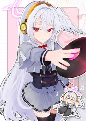 1girl :3 absurdres arm_at_side black_thighhighs blue_archive blush bow bowtie buttons cd chibi chibi_inset closed_eyes closed_mouth commentary_request cowboy_shot double-breasted feathered_wings frilled_skirt frills grey_serafuku grey_shirt grey_skirt hair_between_eyes hair_intakes halo hand_up head_wings headphones highres holding_cd long_hair long_sleeves looking_at_viewer miniskirt mole mole_under_eye musical_note pink_background pink_halo pleated_skirt red_bow red_bowtie red_eyes sailor_collar school_uniform serafuku shirt sidelocks simple_background single_wing skirt smile solo split_mouth suzumi_(blue_archive) thighhighs tsurime very_long_hair wakamomo1000 white_hair white_sailor_collar white_wings wings zettai_ryouiki zoom_layer