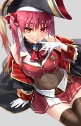 1girl ascot bicorne black_choker black_coat black_hat blush breasts brooch choker cleavage coat eretto frilled_choker frills gloves gold_trim grin hair_ribbon hat heterochromia hololive houshou_marine jewelry large_breasts leotard leotard_under_clothes long_hair long_sleeves looking_at_viewer miniskirt off_shoulder pleated_skirt red_ascot red_eyes red_hair red_ribbon red_skirt ribbon see-through_clothes see-through_cleavage see-through_leotard skirt smile solo twintails virtual_youtuber white_gloves yellow_eyes