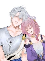 1boy 1girl ahoge breasts coat commentary_request cyrene_(honkai:_star_rail) dress head_on_another&#039;s_shoulder highres honkai:_star_rail honkai_(series) jellowyyy jewelry medium_hair multicolored_hair necklace parted_lips phainon_(honkai:_star_rail) pink_hair purple_coat shirt short_hair simple_background sleeping small_breasts two-tone_hair white_background white_dress white_hair white_shirt