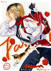 Rule 34 | 1boy, 2others, absurdres, apple, black necktie, black pants, blonde hair, brown hair, cat, chain, charm (object), closed mouth, cowboy shot, english text, food, from side, fruit, haikyuu!!, headphones, highres, jacket, kozume kenma, looking at viewer, medium hair, multicolored hair, multiple others, necktie, pants, red bag, striped necktie, tuuuuuututu, two-tone hair, v-neck, watermark, weibo username, weibo watermark, white jacket, yellow eyes