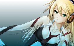 00s 1girl 2009 blazblue blonde_hair breasts female_focus green_eyes headphones highres long_hair looking_at_viewer necktie noel_vermillion red_necktie solo tattoo