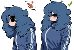1girl absurdres blue_hair blue_track_suit blush breasts highres large_breasts long_hair looking_at_viewer narrowed_eyes original ryu_(ryuwanshoy) shrimp solo track_suit