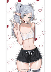 1girl alternate_costume black_choker black_shorts breasts choker crop_top dolphin_shorts earrings elf frieren green_eyes heart highres inhoso jewelry long_hair looking_at_viewer parted_bangs pointy_ears shorts small_breasts solo sousou_no_frieren teardrop_earrings thighhighs twintails v white_hair