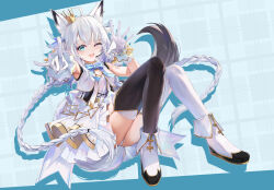 1girl ahoge animal_ear_fluff animal_ears black_thighhighs blush boots braid breasts commentary_request crown earrings fox_ears fox_girl fox_shadow_puppet fox_tail garter_belt gloves green_eyes hair_between_eyes highres hololive hololive_idol_uniform_(origin) jewelry knees_up long_hair looking_at_viewer mini_crown one_eye_closed open_mouth panties qiaogun_damodao shirakami_fubuki shirt sidelocks single_braid skirt small_breasts solo tail thighhighs twin_braids underwear virtual_youtuber white_boots white_gloves white_hair white_panties white_shirt white_skirt white_thighhighs