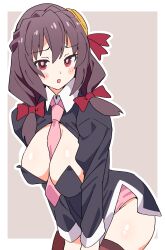 1girl :o between_breasts between_legs blush bow braid breasts brown_hair brown_thighhighs commentary crown_braid grey_background hair_between_eyes hair_bow hand_between_legs highres kono_subarashii_sekai_ni_shukufuku_wo! large_breasts leaning_forward long_hair long_sleeves necktie necktie_between_breasts no_pants noyama_takenoko open_mouth panties pink_necktie pink_panties red_bow red_eyes simple_background solo thighhighs underwear v_arms wing_collar yunyun_(konosuba)