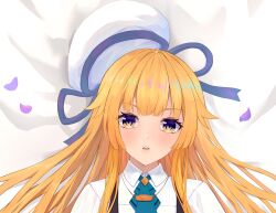 1girl 71150521_(user_agrk2888) amakubo_yuri ascot bed_sheet beret blonde_hair blue_ascot blush collared_shirt hair_flaps hat kouyoku_senki_exs-tia long_hair looking_at_viewer lying on_back open_mouth parted_lips petals portrait purple_eyes ribbon shirt solo teeth unworn_headwear upper_body upper_teeth_only white_shirt yellow_eyes