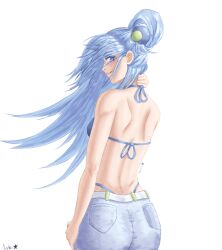 1girl aqua_(konosuba) ass back bikini black_bikini blue_eyes blue_hair blue_shorts breasts closed_mouth commentary english_commentary from_behind hair_rings halterneck highres kono_subarashii_sekai_ni_shukufuku_wo! long_hair looking_at_viewer looking_back shorts shoulder_blades signature simple_background single_hair_ring solo sosasteri sphere_hair_ornament string_bikini swimsuit white_background