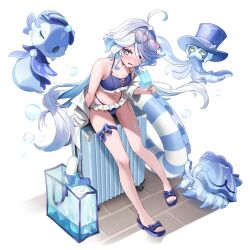 1girl absurdres alternate_costume bag bikini blue_bikini blue_eyes blue_hair blue_sandals blush breasts colored_inner_hair cowlick drop-shaped_pupils food frilled_bikini frills furina_(genshin_impact) genshin_impact gentilhomme_usher highres holding holding_food holding_popsicle innertube long_hair looking_at_viewer mademoiselle_crabaletta multicolored_hair navel off_shoulder on_suitcase popsicle rolling_suitcase sandals shirt shoulder_bag small_breasts solo stomach suitcase surintendante_chevalmarin swim_ring swimsuit symbol-shaped_pupils water_gun wavy_hair white_background white_hair white_shirt yutoriko_(candy0905)