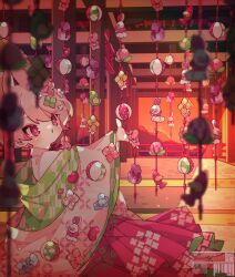 1boy absurdres animal_ears architecture barcode bright_pupils commentary dated_commentary dusk east_asian_architecture english_text fence hakama hakama_skirt highres japanese_clothes kimono long_sleeves male_focus original ozureiji parted_lips pink_eyes pink_hair pink_hakama qr_code rabbit_ears short_hair sitting skirt solo symbol-only_commentary trap tsurime white_kimono white_pupils wide_sleeves yagasuri