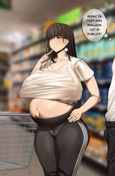 1boy 1girl absurdres areola_slip artist_name big_belly blush breasts brown_eyes brown_hair bulge cameltoe collarbone covered_erect_nipples cowboy_shot curvy earrings english_text erection erection_under_clothes female_focus highres huge_breasts indoors lactation lactation_through_clothes large_areolae large_nipples long_hair midriff no_bra no_panties original outie_navel pants pearl_earrings plump pregnant see-through_clothes shopping_cart signature skin_tight slush5244 solo_focus speech_bubble standing straight_hair supermarket thick_thighs thighs thought_bubble underboob very_long_hair wide_hips yoga_pants
