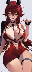 1girl absurdres antenna_hair arm_support between_breasts black_gloves black_horns breasts cleavage clothing_cutout commentary crossed_bangs double-parted_bangs dress evening_gown fang fingerless_gloves gloves goddess_of_victory:_nikke hair_between_eyes half_gloves heart highres horns jacket jacket_on_shoulders large_breasts long_hair looking_at_viewer mechanical_horns navel o-ring open_mouth red_dress red_hair red_hood_(nikke) red_hood_(nonsense_red)_(nikke) revealing_clothes simple_background single_bare_shoulder sitting skin_fang solo strap_between_breasts strap_pull thigh_strap thighs tototo_sarada very_long_hair white_background yellow_eyes