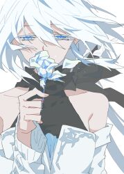 1girl bare_shoulders blue_eyes chinese_commentary commentary_request detached_sleeves eileen_(honkai:_star_rail) flower highres holding holding_flower honkai:_star_rail honkai_(series) laotuo long_hair long_sleeves simple_background solo tears upper_body white_background white_hair