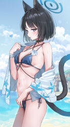 1girl animal_ears bikini black_hair black_tail blue_archive blue_bikini blue_halo blue_tail breasts cat_ears cat_girl cat_tail colored_inner_animal_ears criss-cross_halter criss-cross_straps gradient_tail halo halterneck highres huwari_(dnwls3010) kikyou_(blue_archive) kikyou_(swimsuit)_(blue_archive) layered_bikini looking_at_viewer medium_breasts multiple_tails navel official_alternate_costume short_hair sideboob solo stomach swimsuit tail two_tails underboob