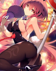 1girl alternate_costume animal_ears black_footwear black_leotard black_pantyhose breasts bright_pupils cleavage closed_mouth commentary_request fur_trim gloves hand_fan hata_no_kokoro high_heels highres holding holding_fan large_breasts leotard long_hair looking_at_viewer pantyhose pink_eyes pink_hair playboy_bunny rabbit_ears rabbit_tail road_sign sakurame sideboob sign solo tail touhou white_gloves white_pupils