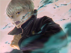 1boy aura black_jacket facial_tattoo gakuran high_collar highres inumaki_toge jacket jujutsu_kaisen long_sleeves male_focus mike_(m19941206) open_mouth purple_eyes school_uniform short_hair silver_hair solo tattoo upper_body