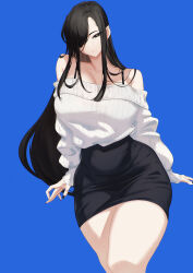 1girl bare_shoulders black_eyes black_hair black_nails black_skirt blue_background blueorca bra_strap breasts bright_pupils collarbone commentary english_commentary hair_over_one_eye hasshaku-sama highres large_breasts long_hair looking_at_viewer off-shoulder_sweater off_shoulder original pencil_skirt ribbed_sweater simple_background skirt solo sweater sweater_tucked_in tall_female taut_clothes taut_skirt thighs very_long_hair white_pupils white_sweater