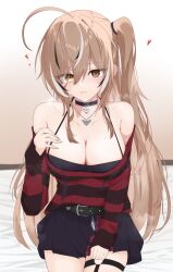 1girl ahoge bare_shoulders belt black_belt black_bra black_choker black_hair black_ribbon black_skirt black_sweater blue_eyes bra breasts brown_eyes brown_hair choker cleavage collarbone eyes_visible_through_hair hair_between_eyes hair_over_one_eye hair_ribbon hands_on_own_breasts heart heterochromia highres hololive hololive_english jewelry large_breasts long_hair long_sleeves multicolored_hair nanashi_mumei nanashi_mumei_(emo) narukahana necklace o-ring o-ring_thigh_strap off_shoulder one_side_up parted_lips pleated_skirt red_sweater ribbed_sweater ribbon skindentation skirt sleeves_past_wrists smile solo steaming_body streaked_hair striped_clothes striped_sweater sweat sweater sweater_partially_tucked_in thigh_strap underwear variant_set very_long_hair virtual_youtuber white_hair