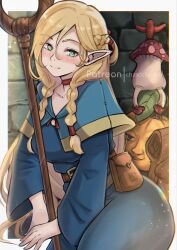 1girl absurdres blonde_hair blue_dress braid chascoby choker dress dungeon_meshi green_eyes highres long_hair long_sleeves looking_at_viewer marcille_donato mushroom pouch red_choker smile solo staff twin_braids