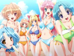 6+girls :o adjusting_hair ahoge amano_mahiro aqua_eyes arm_up armpits beach bikini blonde_hair blue_eyes blue_hair blue_sky blush bow breasts casual_one-piece_swimsuit cleavage cloud day everyone food frilled_bikini frills front-tie_top fujisawa_aoi game_cg glasses hair_ribbon hairband honoo_no_haramase_jinsei kimizuka_akiho large_breasts leaning_forward lens_flare licking long_hair looking_at_viewer minagawa_kyouko multiple_girls navel one-piece_swimsuit one_eye_closed open_mouth orange_eyes orange_hair outdoors parted_bangs pince-nez pink_eyes pink_hair ponytail popsicle purple_eyes ribbon sawatari_fumika short_hair side-tie_bikini_bottom sideboob sidelocks sky smile standing striped_bikini striped_clothes swimsuit taut_clothes taut_swimsuit tsukizaki_nanami twintails v water wink yameta_takashi