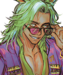 1boy adjusting_eyewear animal_ears arm_up black-framed_eyewear collarbone collared_shirt commentary curtained_hair dancing_green dark-skinned_male dark_skin english_commentary final_fantasy final_fantasy_xiv green_hair green_shirt grin lno408 long_hair looking_to_the_side male_focus open_clothes open_shirt pectoral_cleavage pectorals purple-tinted_eyewear purple_shirt rabbit_ears shirt sideways_glance simple_background smile solo sunglasses teeth tinted_eyewear upper_body viera white_background wing_collar yellow_eyes