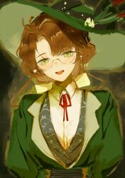 1girl absurdres bow brown_hair collared_shirt eyewear_strap feathers glasses green_eyes green_feathers green_hat green_jacket hat hat_feather highres jacket kakania_(reverse:1999) looking_at_viewer oakiee picture_hat red_ribbon reverse:1999 ribbon round_eyewear semi-rimless_eyewear shirt solo