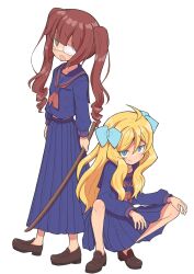 Rule 34 | 2girls, ahoge, blonde hair, blue eyes, blue sailor collar, blue serafuku, blue skirt, brown hair, hakama, hanazono yurine, highres, japanese clothes, jashin-chan, jashin-chan dropkick, loafers, long hair, long skirt, long sleeves, multiple girls, pleated skirt, sailor collar, school uniform, serafuku, shoes, skirt, socks, squatting, standing, sword, twintails, very long hair, wavy hair, weapon, white background, wooden sword, yusuke457210439