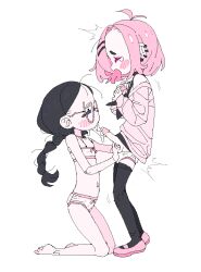 1boy 1girl 87kt black_hair bra braid cum cum_in_mouth ear_piercing fellatio flat_chest forehead hana_(87kt) hetero kneeling loli oral original panties penis piercing pink-framed_eyewear polka_dot polka_dot_bra polka_dot_panties simple_background twin_braids underwear white_background