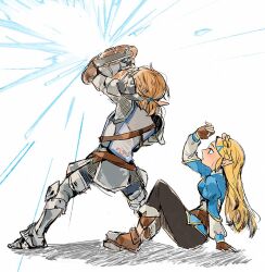 1boy 1girl armor armored_boots armored_gloves black_pants blue_shirt boots braid breasts brown_boots brown_gloves chainmail crown_braid fingerless_gloves full_body gloves hair_ornament hair_tie hairclip hazeleafyy holding holding_shield juliet_sleeves link long_sleeves low_ponytail medium_breasts medium_hair nintendo pants parted_lips poi pointy_ears ponytail princess_zelda protecting puffy_sleeves shield shirt shoulder_armor sidelocks sitting the_legend_of_zelda the_legend_of_zelda:_breath_of_the_wild white_background