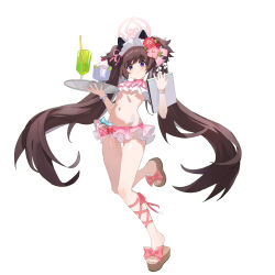 1girl absurdres bead_bracelet beads bikini bikini_skirt blue_archive bracelet breasts brown_hair choker flower food frilled_bikini frills hair_flower hair_ornament halo highleg highleg_bikini highres holding holding_tray jewelry kanzashi long_hair maid_headdress navel official_alternate_costume okobo pink_bikini pink_choker pink_halo platform_sandals purple_eyes sandals shaved_ice shenhai_xianyu_fan shide_hair_ornament shizuko_(blue_archive) shizuko_(swimsuit)_(blue_archive) small_breasts solo swimsuit tray twintails very_long_hair white_headdress