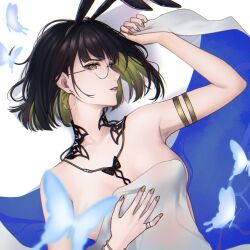 1girl angon623 animal_ear_hairband animal_ears arm_up black_hair black_hairband blue_butterfly bob_cut bracelet breasts bug butterfly butterfly_necklace collarbone colored_inner_hair commentary convenient_censoring earrings fake_animal_ears glowing_butterfly gold_armlet gold_nails green_eyes hair_behind_ear hairband hashtag-only_commentary hoop_earrings insect jewelry lisa_(path_to_nowhere) looking_at_viewer looking_to_the_side lying medium_breasts monocle multicolored_hair nail_polish nude on_back parted_lips path_to_nowhere rabbit_ear_hairband rabbit_ears ring sideways_glance solo upper_body yellow_eyes