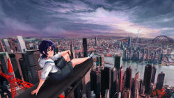 Rule 34 | 1girl, absurdres, bao (pixiv 99415611), black shorts, blue eyes, blue hair, bridge, building, canal, city, closed mouth, commentary, crane (machine), english commentary, highres, hiodoshi ao, hololive, hololive dev is, medium hair, outdoors, shirt, shorts, solo, suspenders, virtual youtuber, water, white shirt, wolf cut