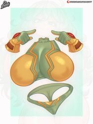 1girl boku_no_hero_academia breasts cameltoe gloves green_eyes hagakure_toru halterneck highres huge_breasts invisible long_hair official_alternate_costume pointing pointing_at_self skin_tight srbready two-tone_gloves underwear