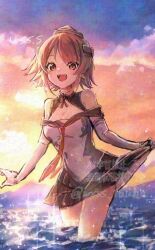 1girl artist_name black_sailor_collar black_skirt breasts brown_eyes brown_hair cleavage clothes_lift cloud dixie_cup_hat dress elbow_gloves flipped_hair gloves grey_shirt hat in_water kantai_collection looking_at_viewer military_hat neckerchief ocean off-shoulder_dress off_shoulder open_mouth partially_submerged red_neckerchief richard_p._leary_(kancolle) sailor_collar sailor_shirt shallow_water shirt short_hair signature skirt skirt_lift sky smile solo sunset thighhighs twitter_username water watermark waves wet wet_clothes white_gloves white_hat wss_(nicoseiga19993411)