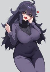 1girl :d @_@ ahoge blush breasts commentary dress grey_background hairband hand_on_own_face heart hex_maniac_(pokemon) highres invisible_chair large_breasts long_dress long_hair looking_at_viewer nintendo open_mouth pokemon pokemon_xy purple_dress purple_hair purple_hairband shaded_face simple_background sitting smile solo symbol-only_commentary zet_(twt_zet)