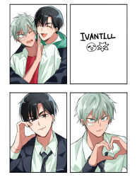 2boys absurdres alien_stage black_eyes black_hair black_jacket black_necktie blazer closed_eyes collared_shirt commentary_request fang green_eyes green_hoodie half-heart_hands hand_on_own_cheek hand_on_own_face heart heart_hands highres hood hoodie hug hug_from_behind ivan_(alien_stage) jacket male_focus multiple_boys necktie omu1030 one_eye_closed open_mouth partial_commentary red_pupils red_shirt school_uniform ship_name shirt skin_fang smile till_(alien_stage) white_shirt