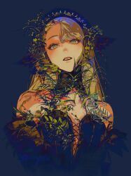 1girl absurdres bare_shoulders black_dress blonde_hair blue_background chinese_commentary commentary_request dress dungeon_meshi ear_covers elf green_eyes highres long_hair looking_at_viewer marcille_donato marcille_donato_(lord) parted_lips plant plant_growth pointy_ears sample_watermark simple_background solo upper_body watermark xiangjiao_wangzi