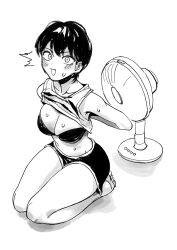 1girl blush bra breasts caught clothes_lift commentary_request dolphin_shorts electric_fan fan full_body greyscale highres korean_commentary large_breasts mangpu monochrome original seiza shirt_lift short_hair short_shorts shorts sitting solo strapless strapless_bra surprised sweat tank_top underwear undressing
