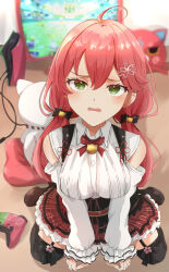 1girl 35p_(sakura_miko) ahoge black_footwear black_garter_straps black_thighhighs blush collared_shirt flower game_console garter_straps green_eyes hair_flower hair_ornament highres hololive kintoki_(sakura_miko) long_hair looking_at_viewer low_twintails official_alternate_costume open_mouth pink_hair playstation_5 playstation_controller red_skirt sakura_miko sakura_miko_(casual) sasai_tuki shirt shoes skirt television thighhighs twintails virtual_youtuber white_shirt