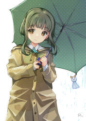1girl absurdres bob_cut brown_eyes collared_shirt dress_shirt green_hair green_umbrella highres kantai_collection polka_dot polka_dot_umbrella raincoat see-through_clothes see-through_raincoat shirt short_hair short_hair_with_long_locks sidelocks simple_background smile solo takanami_(kancolle) teruterubouzu umbrella wavy_hair white_background white_shirt yashin_(yasinz) yellow_raincoat