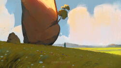 1other cambocreation cloud field flower flower_field from_behind grass landscape mountainous_horizon original painterly rock scenery standing sunlight tree watermark