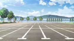 blue_sky bush cloud cloudy_sky day highres lamppost mountainous_horizon no_humans non-web_source official_art our_life:_beginnings_and_always outdoors parking_lot scenery sign sky tree variant_set