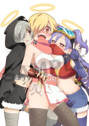 3girls :o anime_coloring arm_up bandage_on_face bandaged_arm bandaged_hand bandaged_leg bandages black_capelet black_shorts blonde_hair blue_shorts blush bra breasts brown_eyes capelet cleavage cowboy_shot elbow_gloves embarrassed fingerless_gloves garter_straps gloves goggles goggles_on_head grey_hair hair_over_one_eye half-closed_eyes halo holding holding_weapon hood hooded_capelet japanese_clothes kimono kusagakure_asuka kusagakure_fumiko kusagakure_hatsuko long_hair looking_at_viewer mole mole_under_eye multiple_girls navel ninja ninja_to_koroshiya_no_futarigurashi official_art open_hand open_mouth orange_eyes palms panties pink_scarf prosthesis purple_gloves purple_hair purple_scarf sample_watermark scabbard scarf sheath sheathed shiotsuki_kazuya short_hair short_kimono short_shorts shorts shuriken_earrings side-tie_panties simple_background spread_fingers standing sword tareme teeth thighhighs thighs twintails underwear watermark weapon white_background yellow_halo